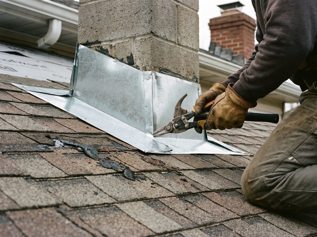 Roofer hammering new metal chimney flashing into place